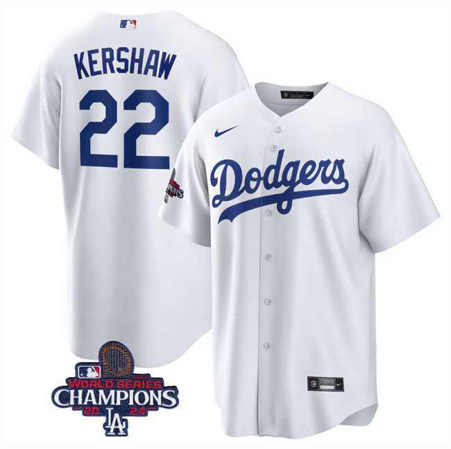 Men%27s Los Angeles Dodgers #22 Clayton Kershaw White 2024 World Series Champions Cool Base Stitched Baseball Jersey